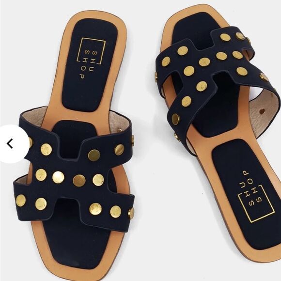 ShuShop Black and Gold Studded Donatella Slide Sandals Size 8.5 - Picture 1 of 10